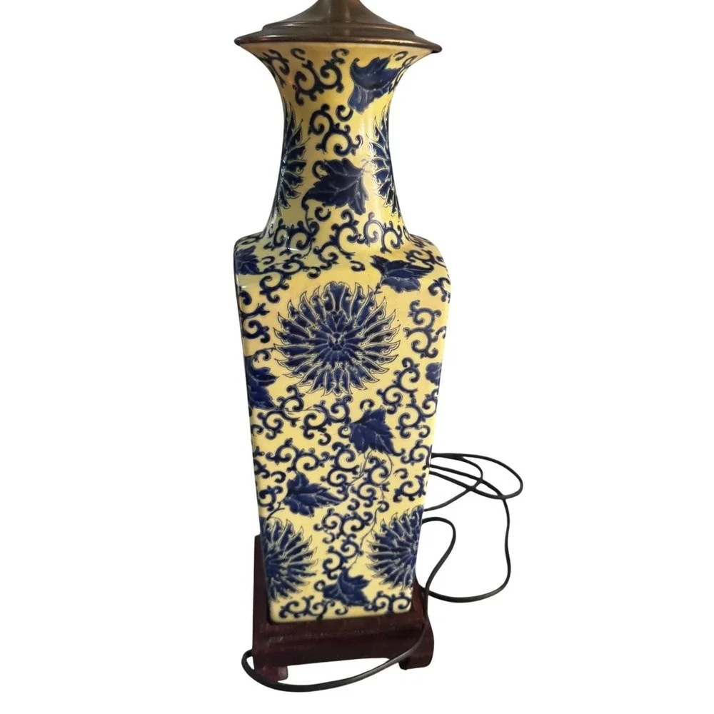 Vintage Blue Yellow Chinoiserie Porcelain Oriental Asian Decor Table Lamp EUC